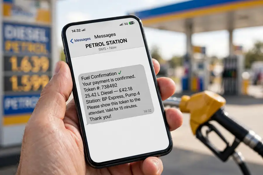 Example of 9771 fuel token SMS showing token number, vehicle number, quantity and validity