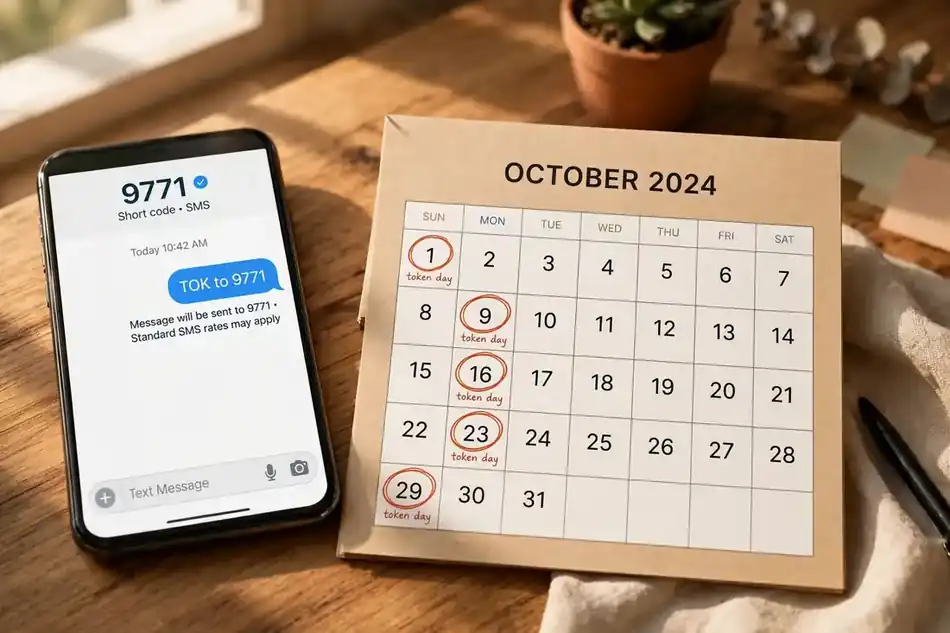 Smartphone showing a 9771 token SMS beside a weekly calendar marking token days every 7 days