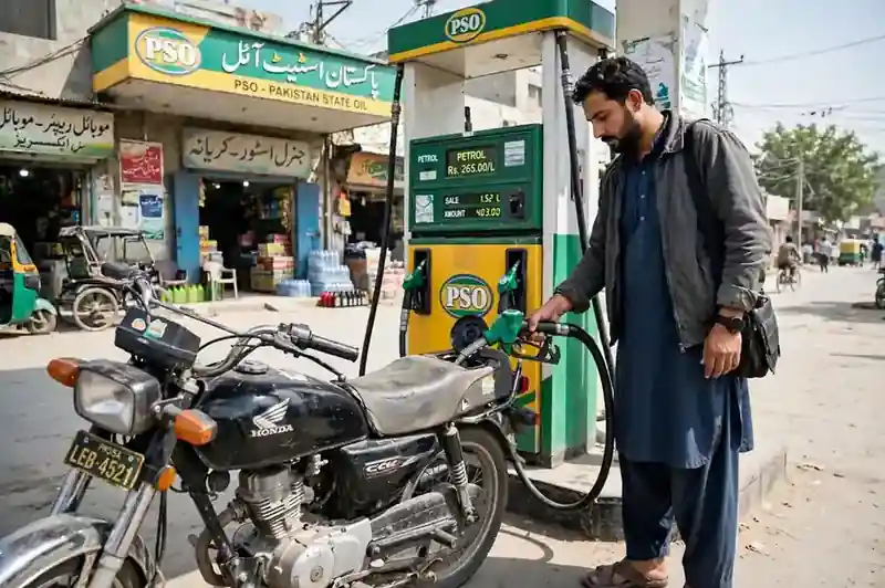 Motorbike rider refuelling at a petrol pump in Pakistan using the Rs500 weekly 9771 token