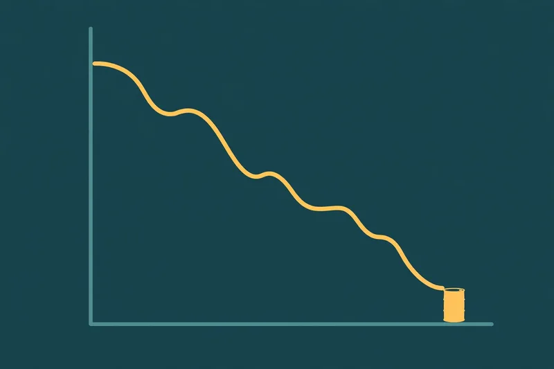 Illustration of an oil-price line trending down — the Platts and Brent benchmarks that feed OGRA's 7-day average