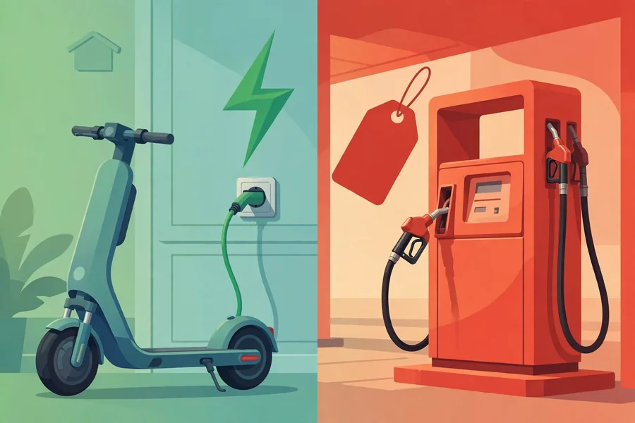 Illustration comparing an e-bike charging at home with a petrol pump