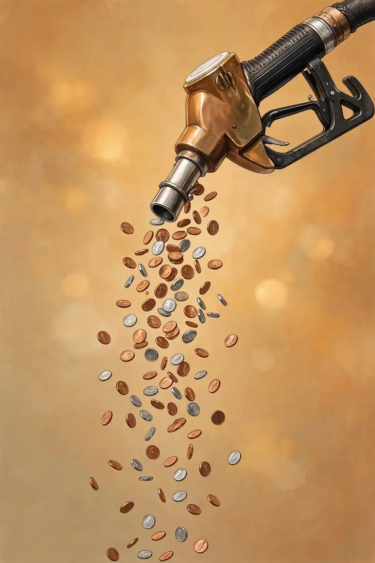 Fuel nozzle with small coins raining beneath it like fuel droplets