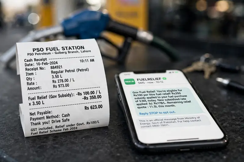 Fuel receipt and SMS showing Rs100 per litre fuel relief — petrol price today Pakistan
