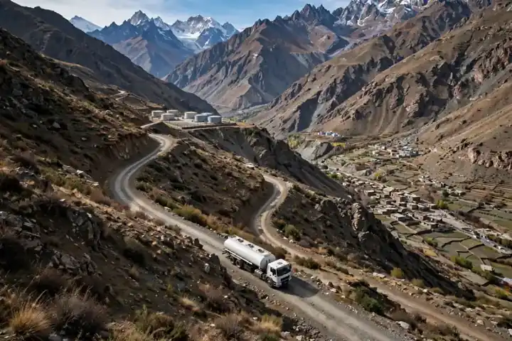 Fuel tanker truck on a winding mountain road in northern Pakistan heading toward a remote depot