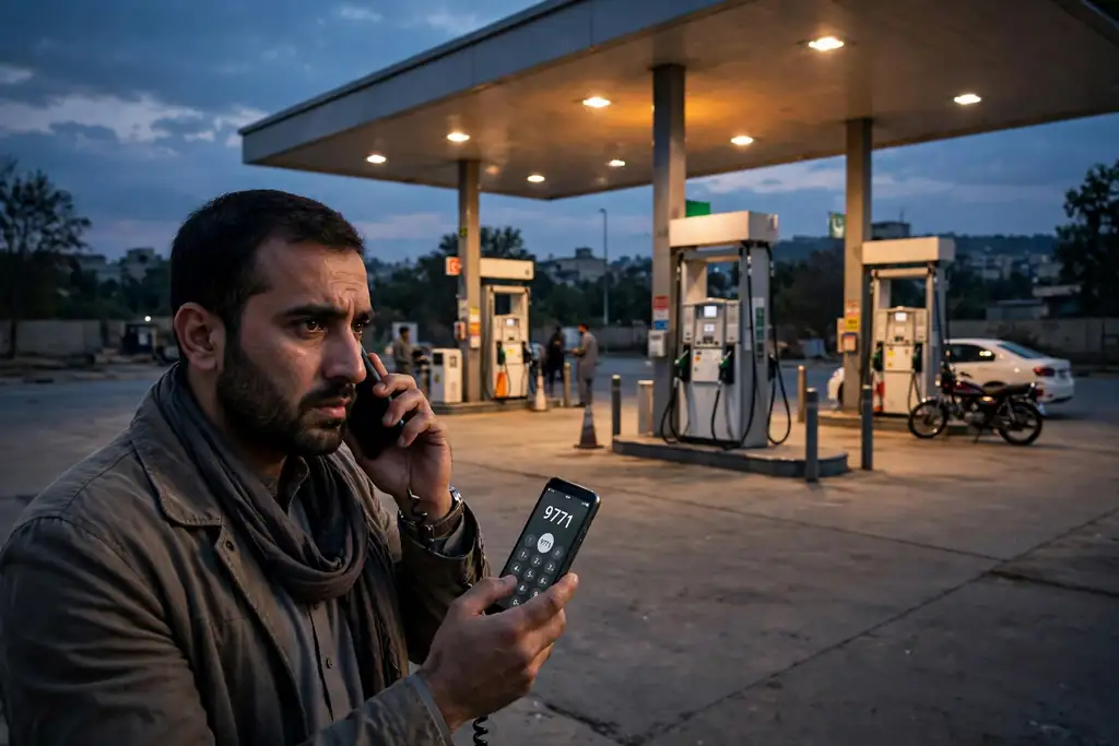 Man dialling the 9771 helpline at a petrol pump to report a refusal