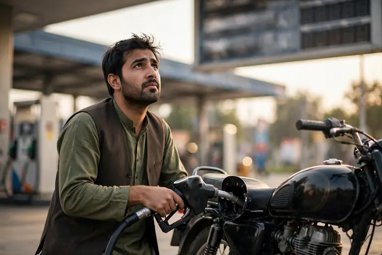 Pakistani motorist refuelling a motorcycle at a petrol station, looking up at the price board showing why petrol price cuts are small in Pakistan