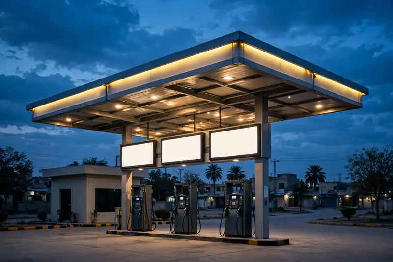 Petrol pump at dusk with blank price boards — fuel prices change daily in Pakistan