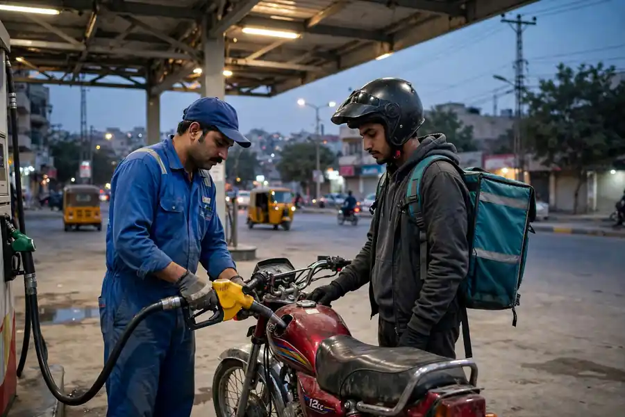 Karachi delivery rider refueling a motorbike — 9771 fuel subsidy petrol relief