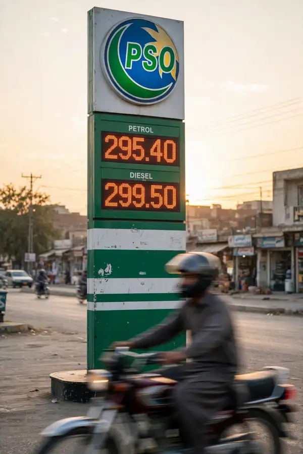 Petrol station price board in Pakistan showing fuel prices per litre