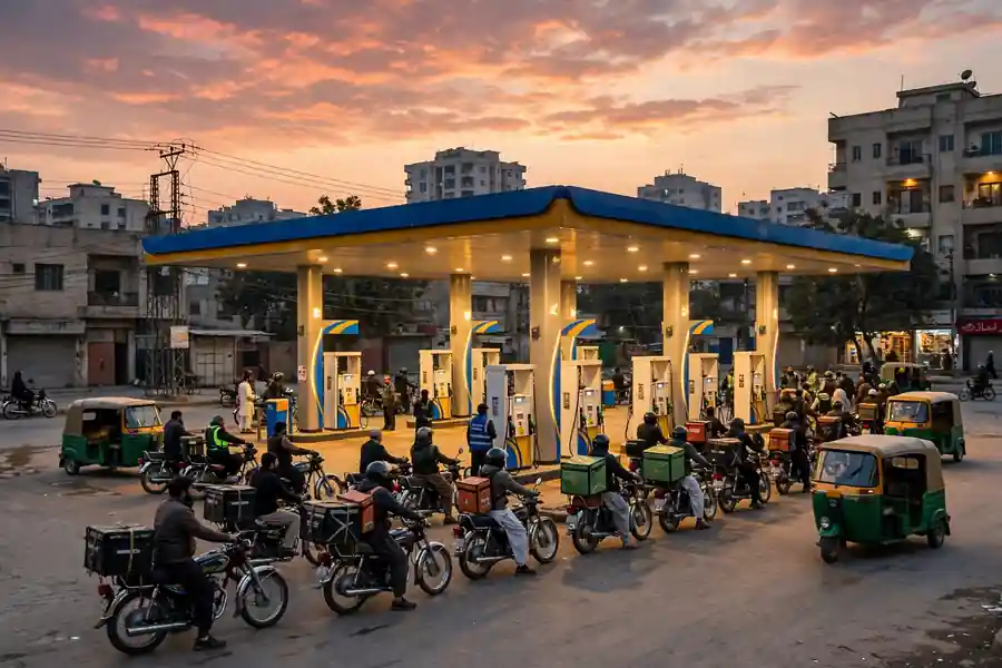 Motorbikes queued at a Karachi petrol pump at dusk — petrol price today in Karachi Rs398.30 per litre