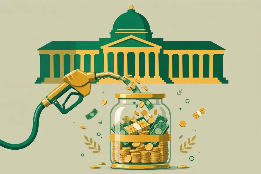 Petroleum levy Pakistan — illustration of fuel levy revenue flowing from a petrol nozzle into the government treasury