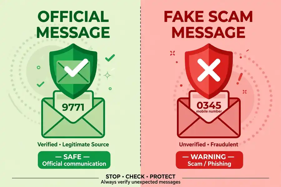 Official 9771 message vs fake scam message comparison graphic