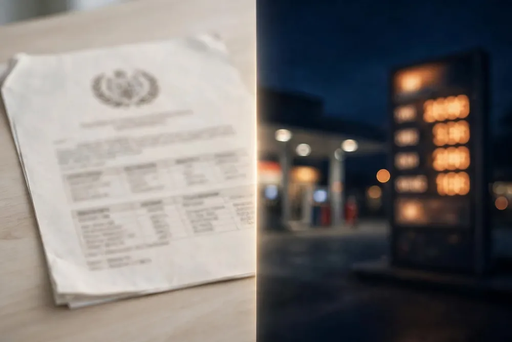 Official fuel price notification document beside a glowing petrol pump price board, showing why petrol pump price is different from OGRA price