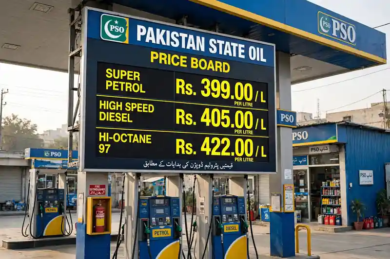 Petrol price board in Pakistan showing Rs398.96 per litre on October 9 2026 — petrol price today Pakistan