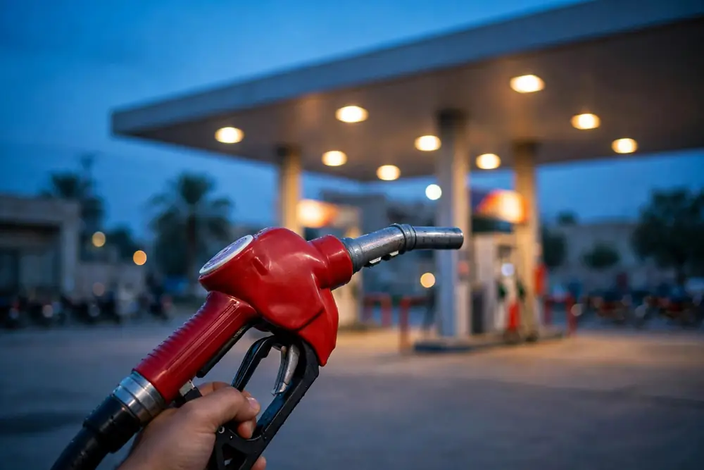 Petrol station forecourt in Pakistan at dusk with a fuel nozzle held in the foreground
