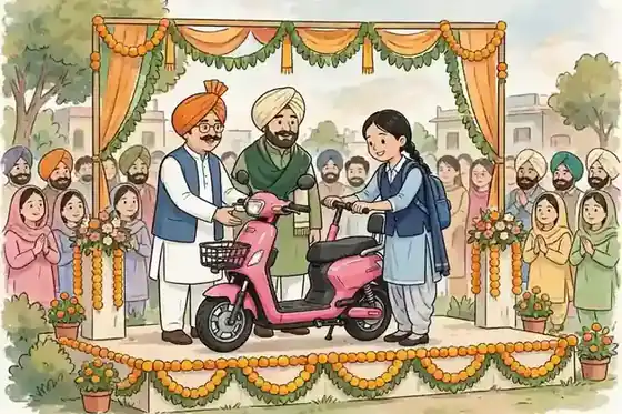 Female student receiving a pink e-bike at a Punjab distribution ceremony (illustration)