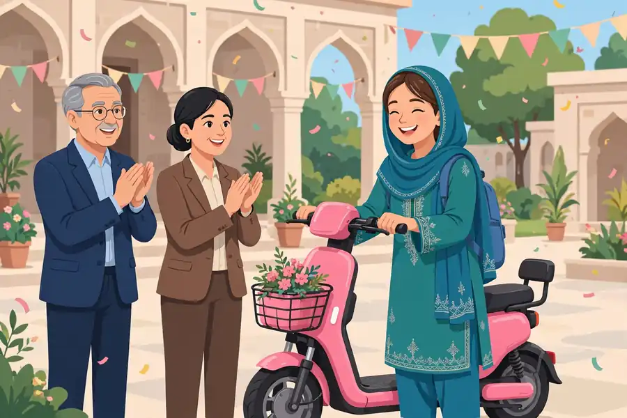 Female student receiving a pink e-bike at a ceremony in Pakistan