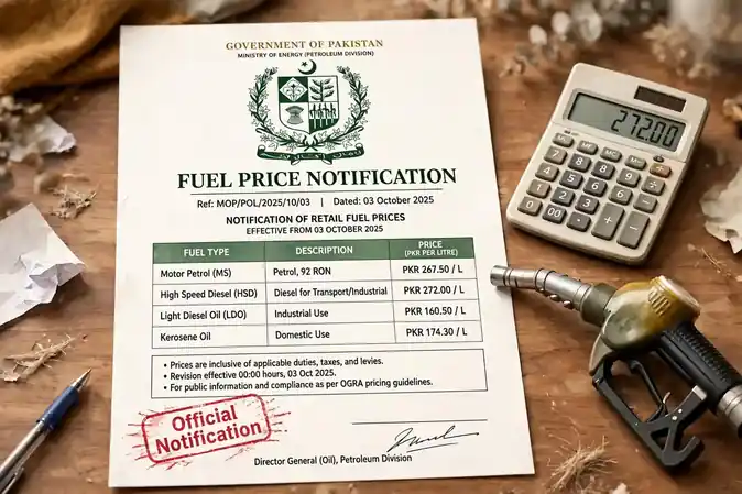 Official fuel price notification document for Pakistan petrol prices