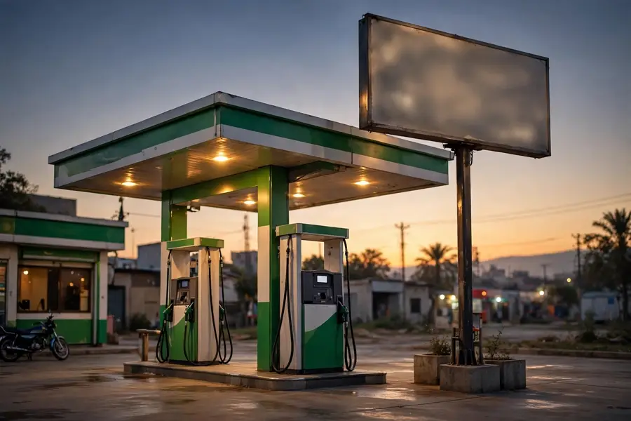 Blank price board at a Pakistani petrol pump at dusk — fuel prices change daily