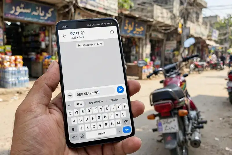 Typing a petrol subsidy registration online Punjab REG SMS to 9771 on a smartphone
