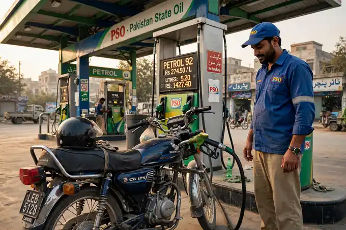 Motorbike refuelling at a petrol pump in Punjab after registering for the 9771 petrol subsidy