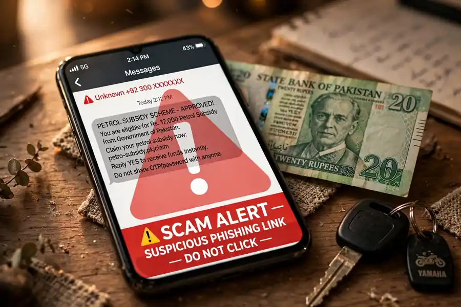 Scam alert: fake 9771 petrol subsidy SMS with a phishing link shown on a phone screen