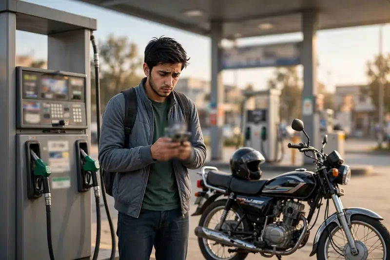 Worried Pakistani biker at a petrol pump checking his phone — is the petrol subsidy ending?