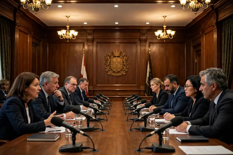 Committee meeting room with officials seated around a long conference table discussing fuel prices
