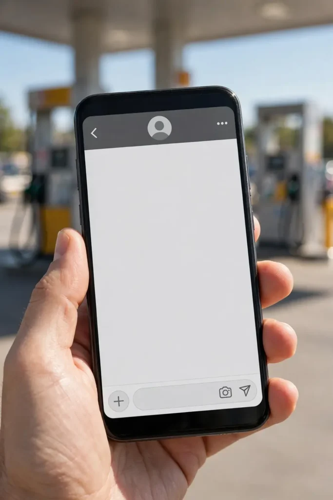 9771 SMS registration for petrol subsidy in Sindh — hand holding smartphone at a petrol station