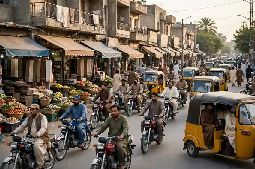 Petrol subsidy Sindh beneficiaries — motorcycles and rickshaws on a busy street in Karachi