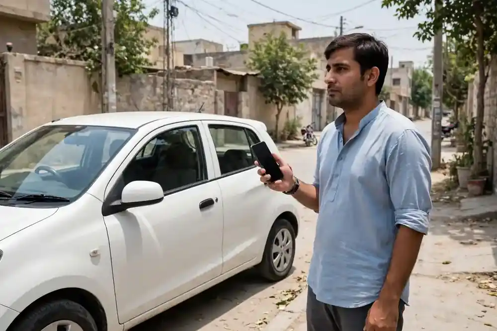 A small car owner holding a phone beside his white hatchback car in Pakistan