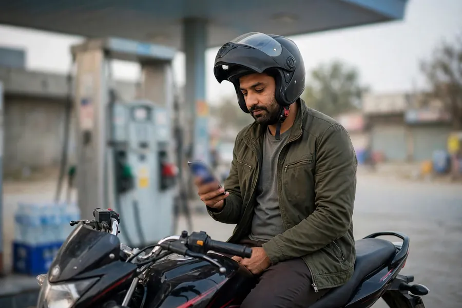 A motorcyclist at a petrol pump checking his phone while waiting, with the screen blurred and unreadable